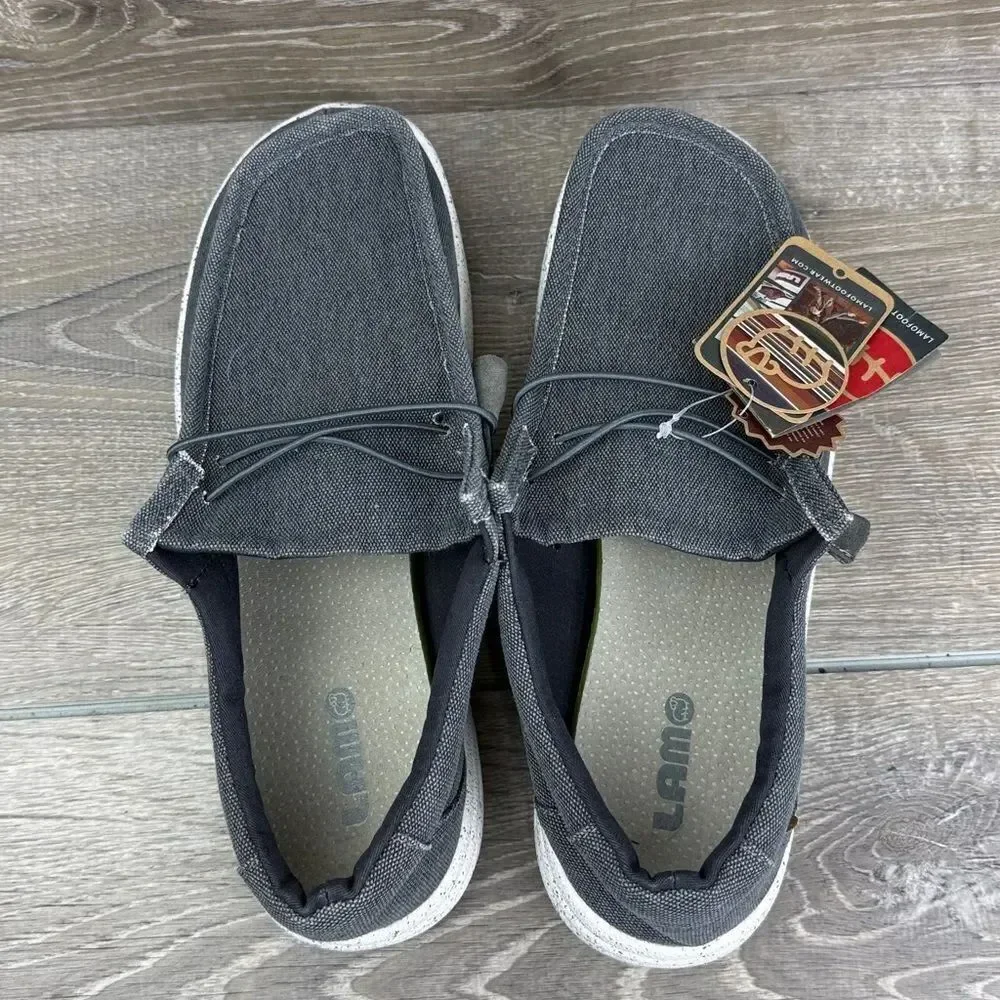 Lamo Paul Lamolite Mens Sz 10 Charcoal Gray Canvas Slip On Moc Toe Loafers NWT
